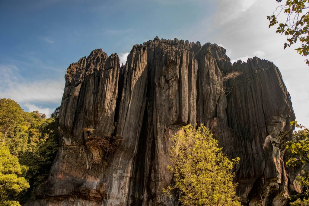 Dramatic view of the towering Yana Caves rock formation surrounded by lush greenery in Gokarna, India.